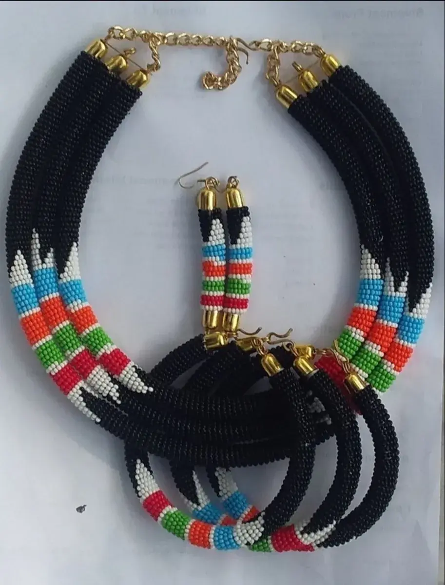 Black Multicolour Beaded Necklace, Bracelet and Earrings